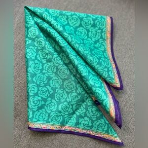 VTG Ungaro Cotton Handkerchief Green Floral Purple Trim Metallic Details Square